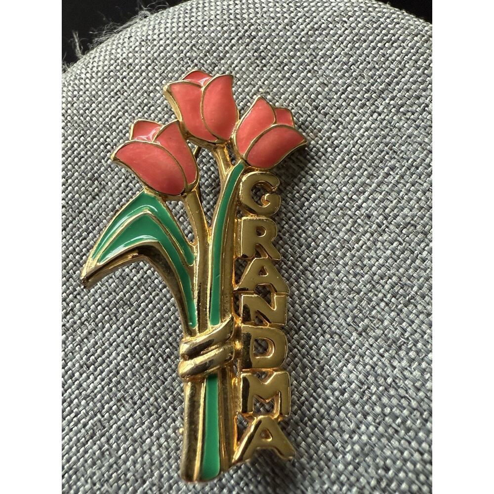 Vintage Grandma Brooch Tulip Floral Gold Tone Scarf Lapel Pin Career Cocktail
